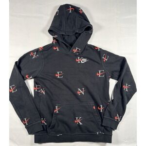 Nike Monogram All Over Print Hoodie Black Red Swoosh NIKE Letters Pullover